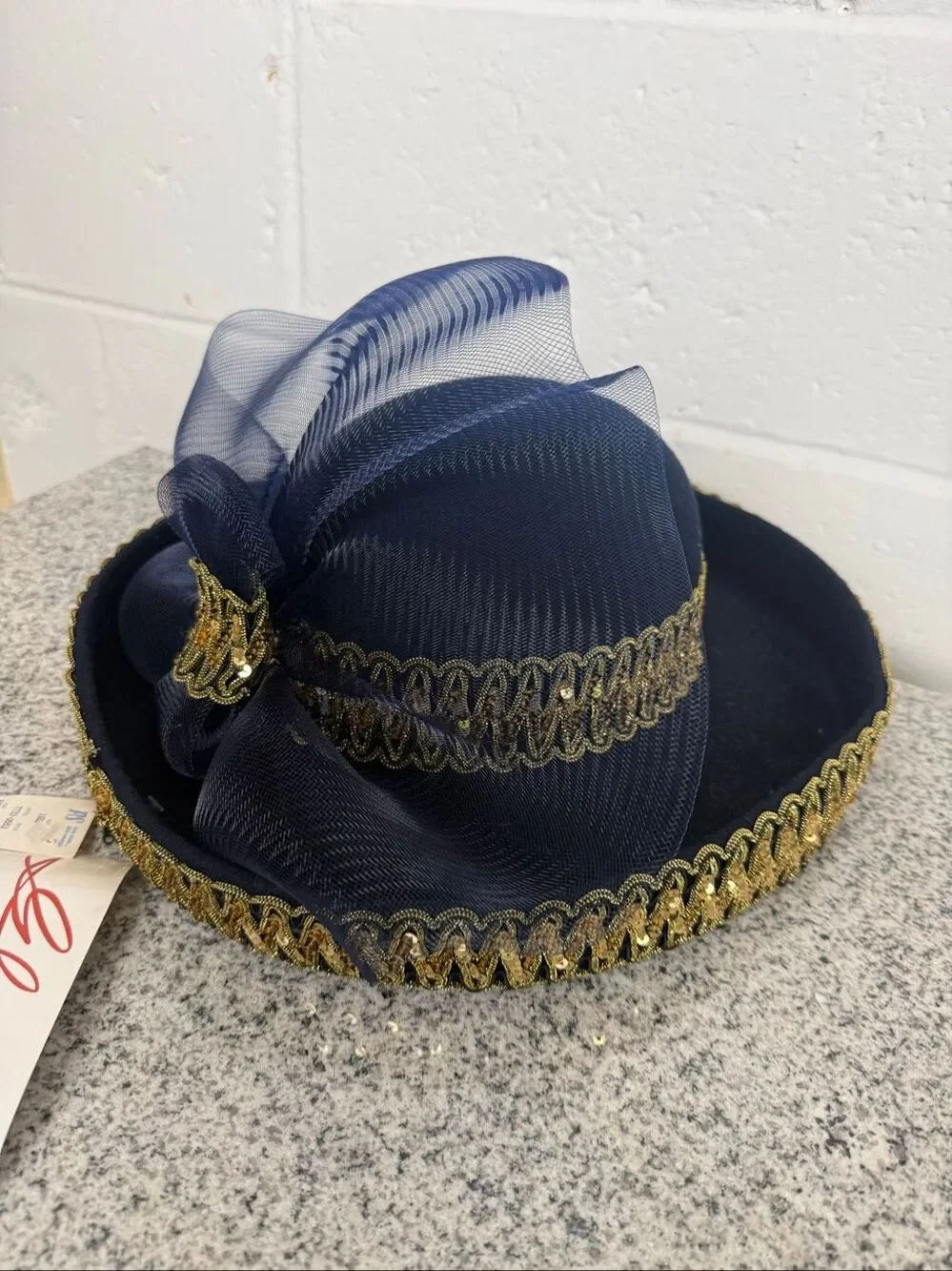Glory NYC Women’s Navy Blue Gold Sequin Wide Brim Church Derby Wedding Hat NWT